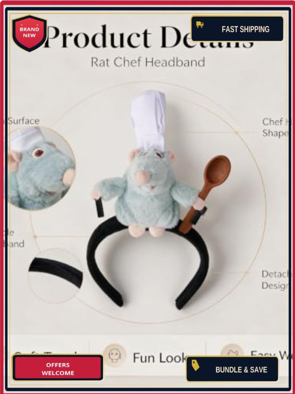 Plush Rat Headband Costume Set with Felt Spoon for Halloween Cosplay - Picture 2 of 5